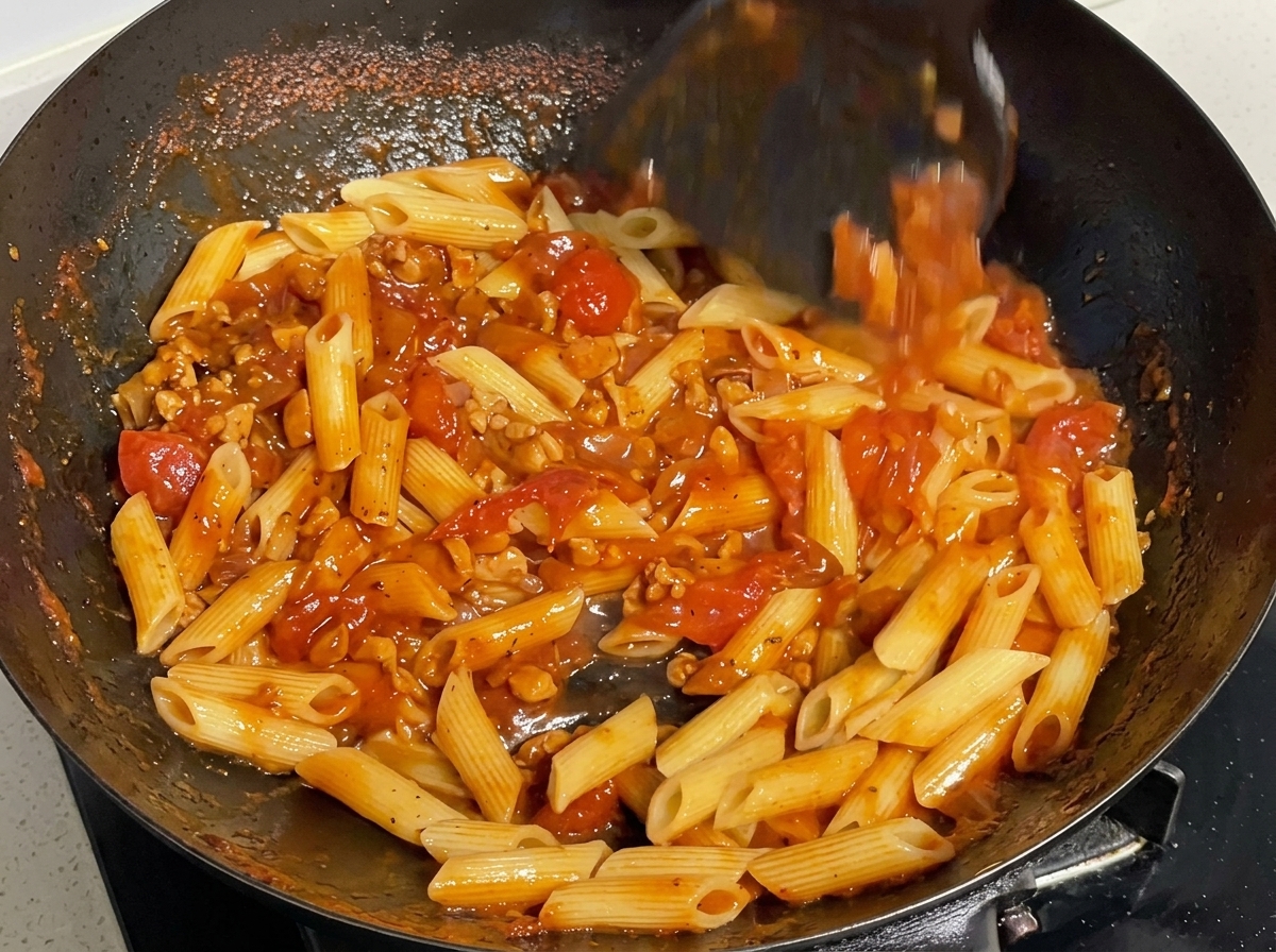 Una spatola nera che mescola la pasta nel sugo rosso bollente nel wok.