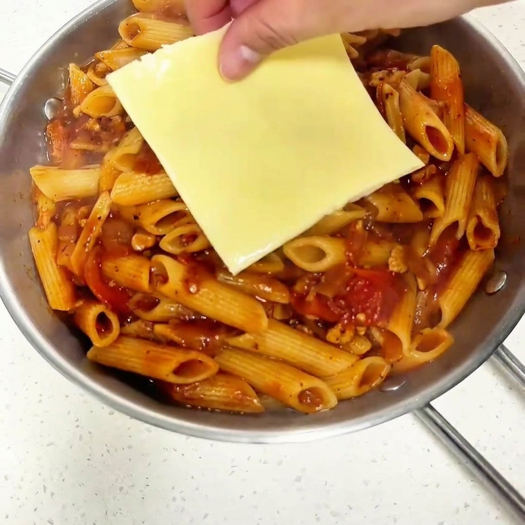 Una fetta di formaggio giallo chiaro posizionata sulla pasta condita nel piatto da portata.