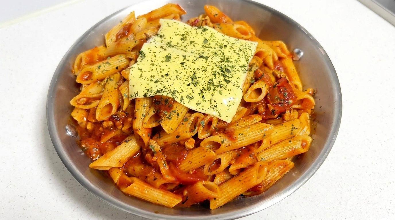 Una padella in acciaio inox contenente penne condite con un ricco sugo di pomodoro e carne, completate da una fetta di formaggio e una spolverata di erbe aromatiche.