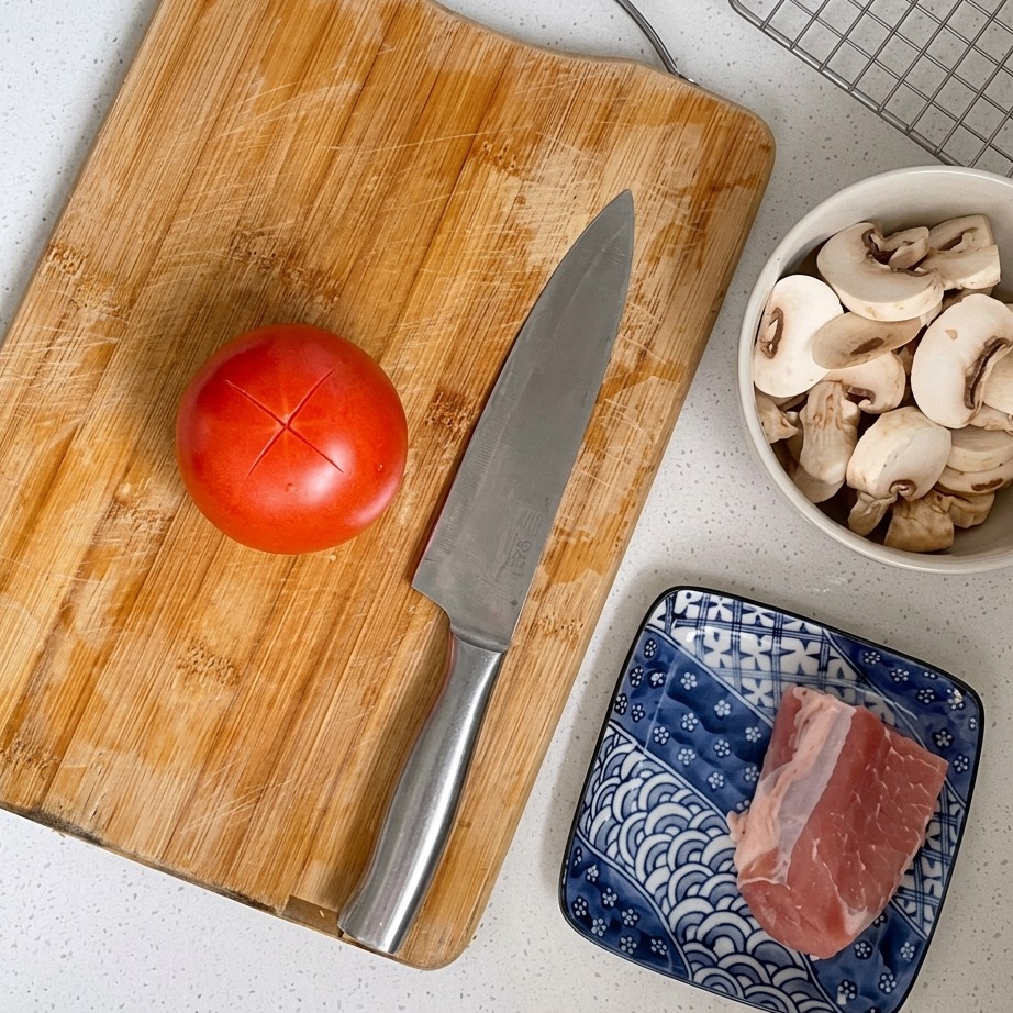 Primo piano di un pomodoro rosso con una croce incisa sulla buccia superiore.