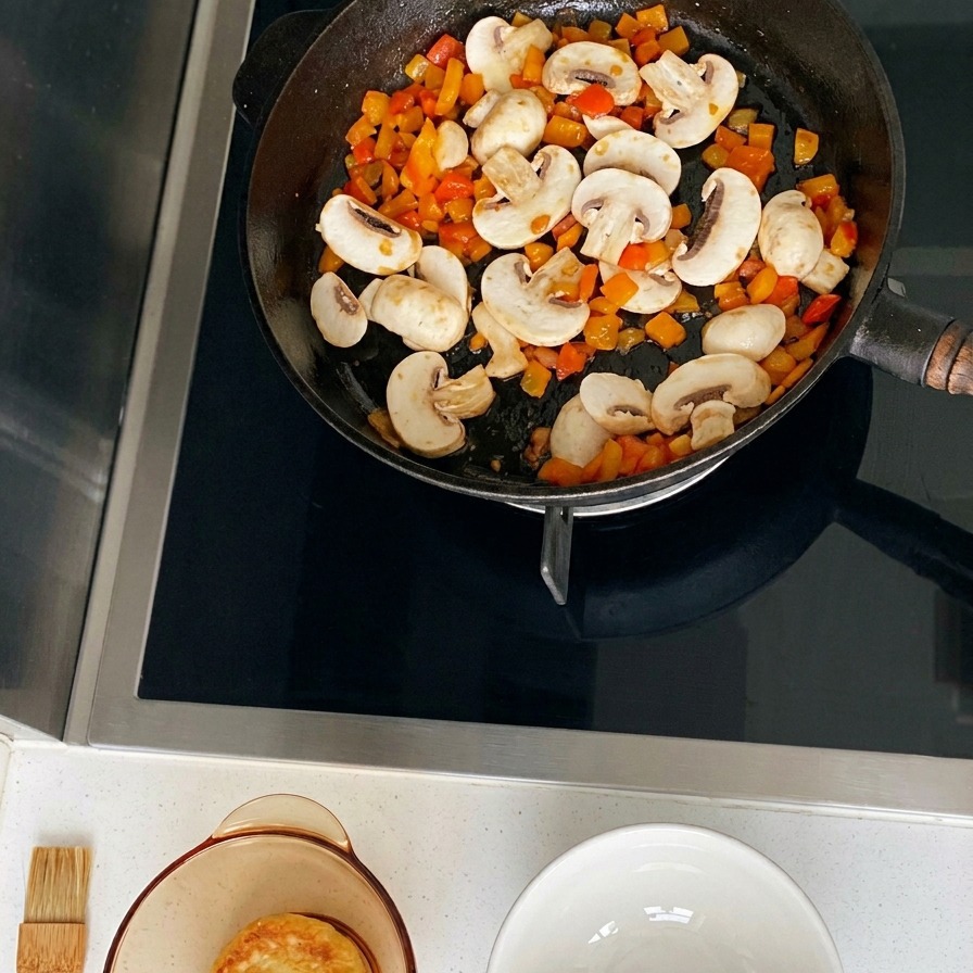 Funghi affettati e verdure saltati insieme in una padella nera.