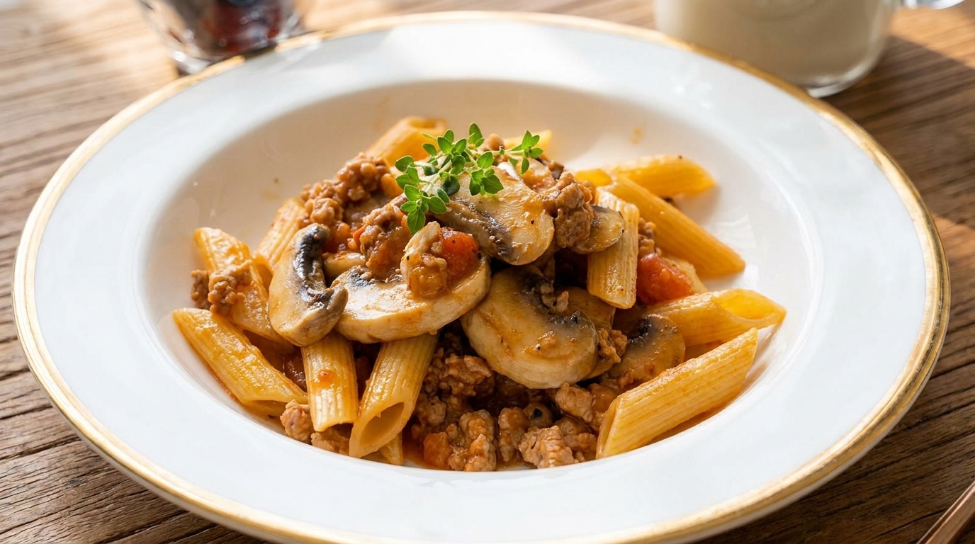 Penne saporite ai funghi e macinato di maiale