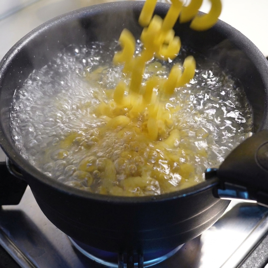 Maccheroni crudi versati in una pentola di acqua bollente.