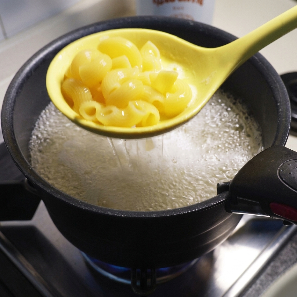 Una schiumarola gialla solleva i maccheroni cotti dallacqua bollente.