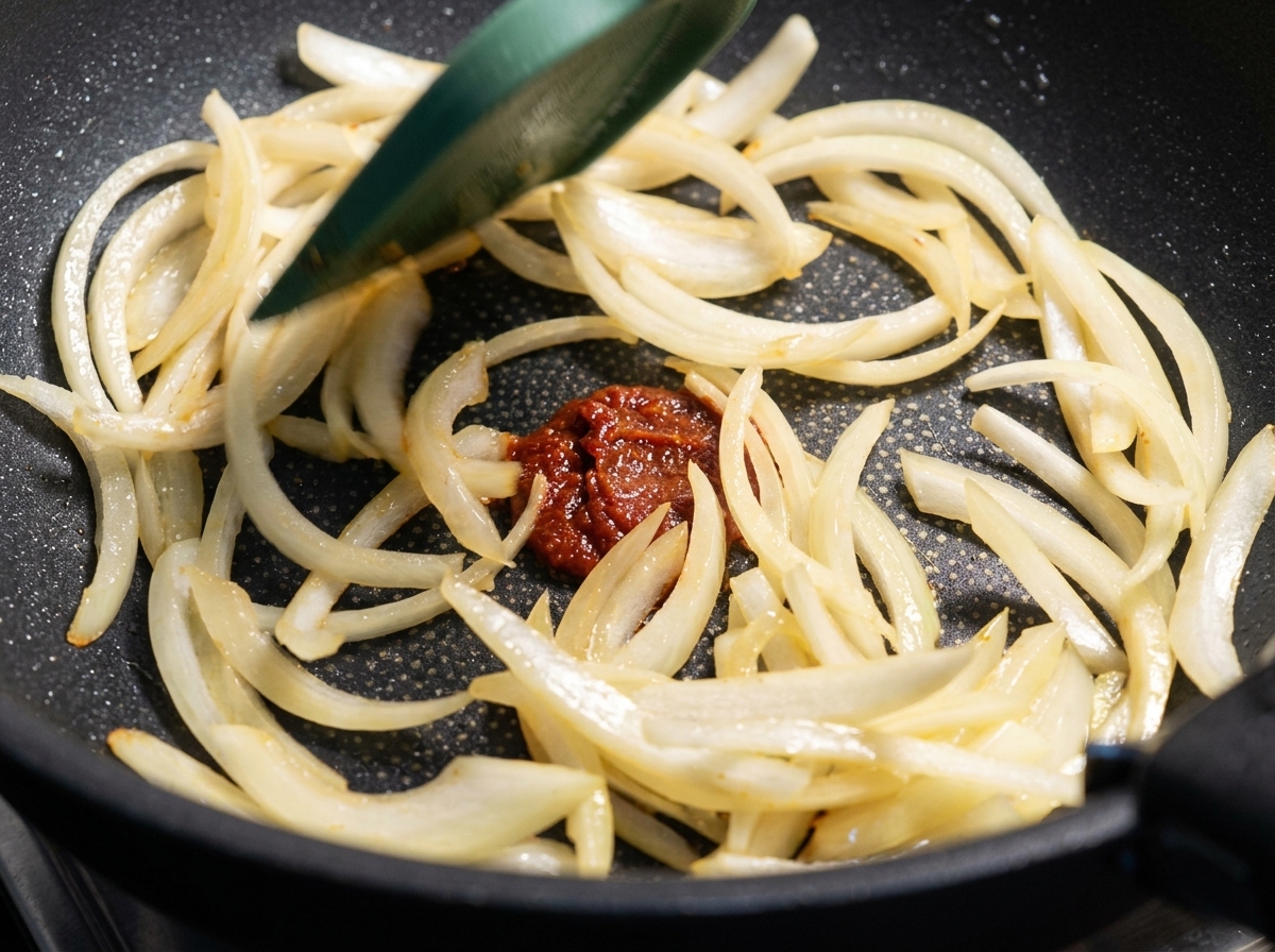 Cipolle affettate saltate in padella con una spatola.
