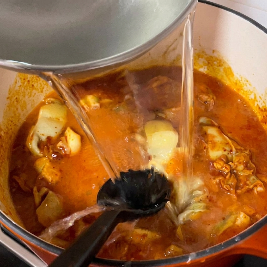 Acqua limpida versata in una pentola contenente vongole e pasta piccante.
