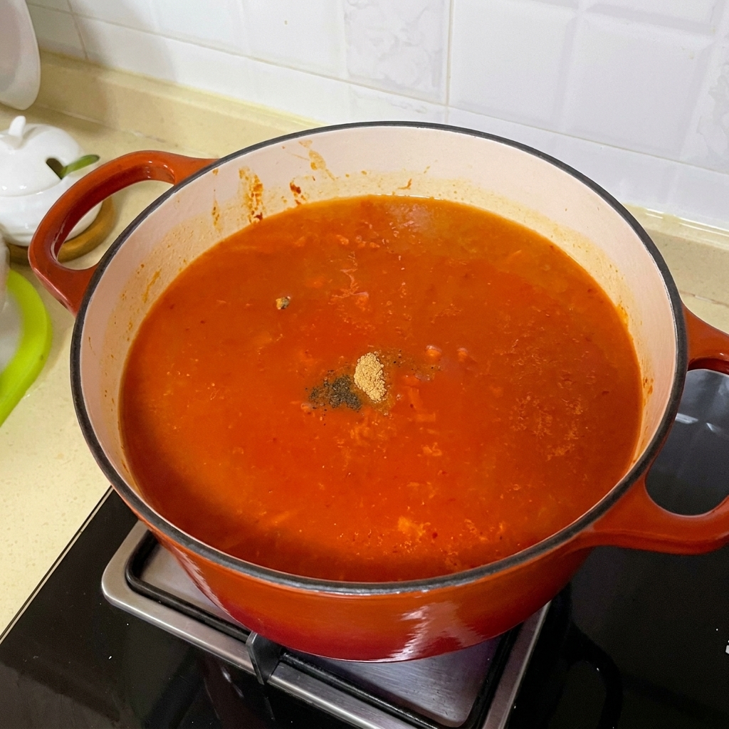 Condimenti in polvere cosparsi in un brodo rosso che bolle.