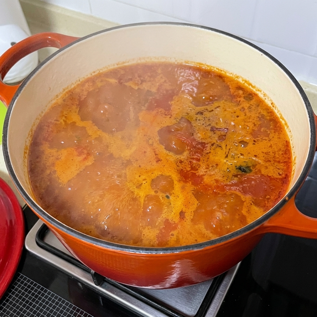 Fette di patate fresche aggiunte alla zuppa piccante di vongole che bolle.