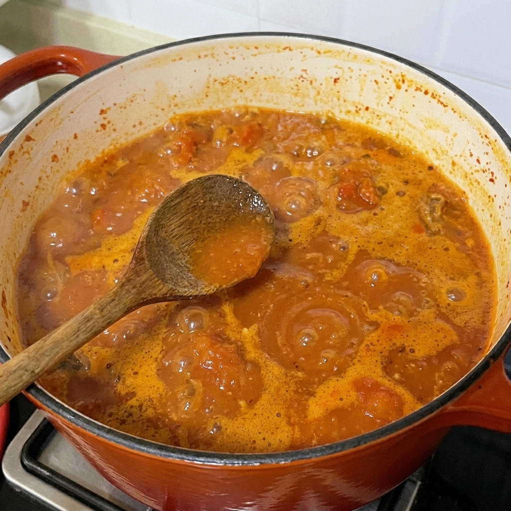 Aglio tritato e salsa di soia chiara mescolati nella ricca zuppa rossa di vongole.