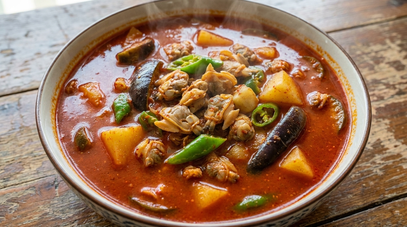 Una ciotola fumante di zuppa di vongole dal colore rosso vivace, ricca di molluschi, fette di patate e pezzi di melanzana.