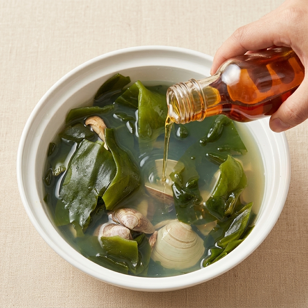 Una zuppa di vongole e alghe chiara e aromatica rifinita con un filo di olio di sesamo dorato.