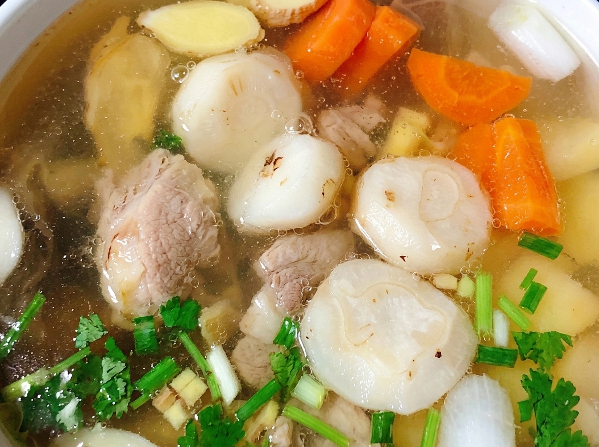 Una pentola di zuppa di pollo in ebollizione con carote, patate e castagne dacqua.
