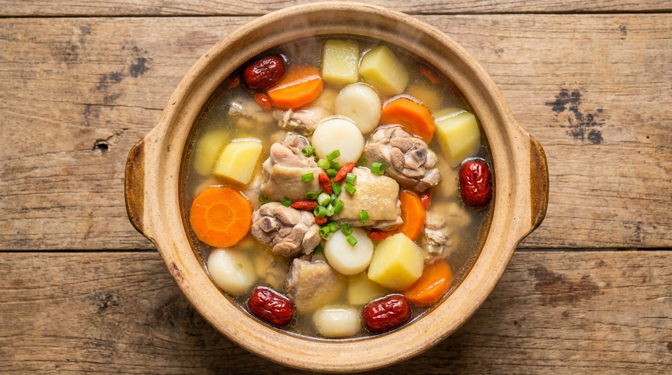 Una ciotola nutriente di zuppa di pollo chiara con carne tenera, carote, patate, castagne dacqua e datteri rossi.