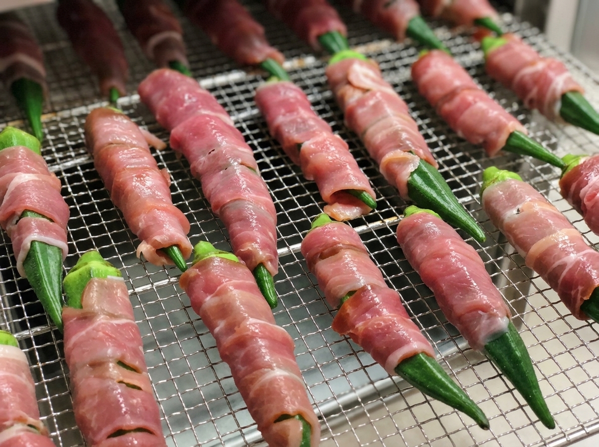 Una griglia piena di file di baccelli di gombo avvolti in anatra cruda, pronti per essere inseriti in un essiccatore alimentare.