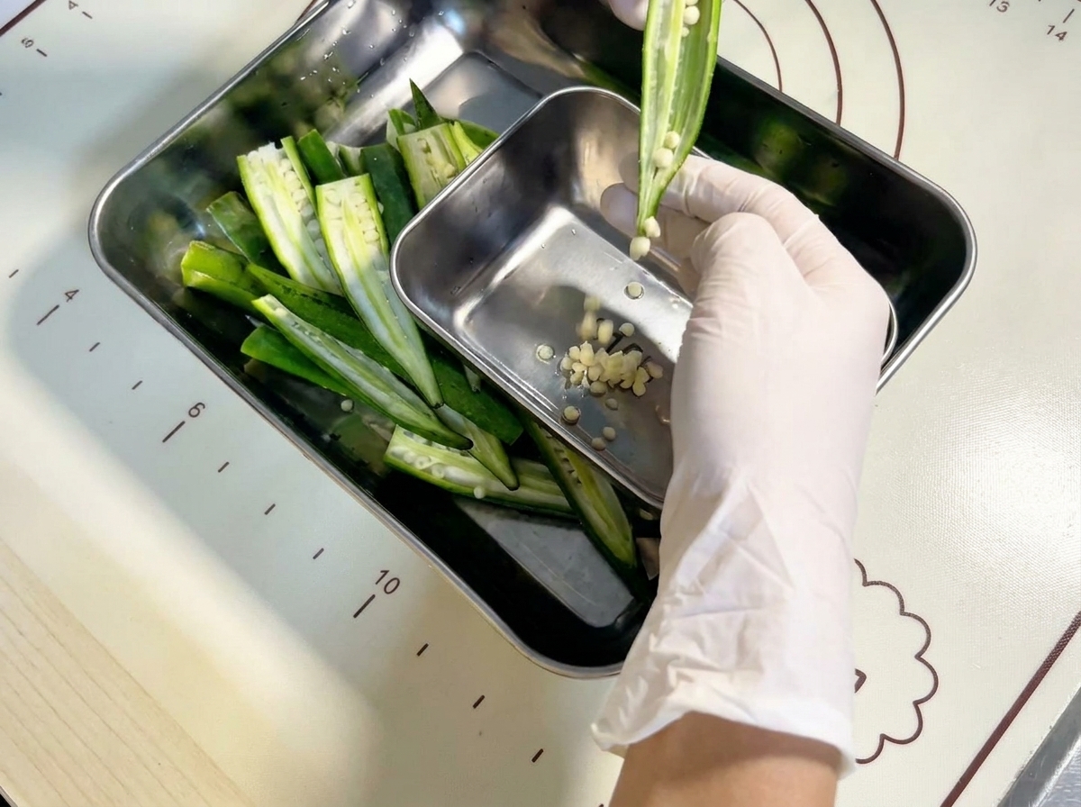 Mani guantate che scavano semi e torsoli bianchi dai pezzi di okra a metà in un contenitore di metallo.