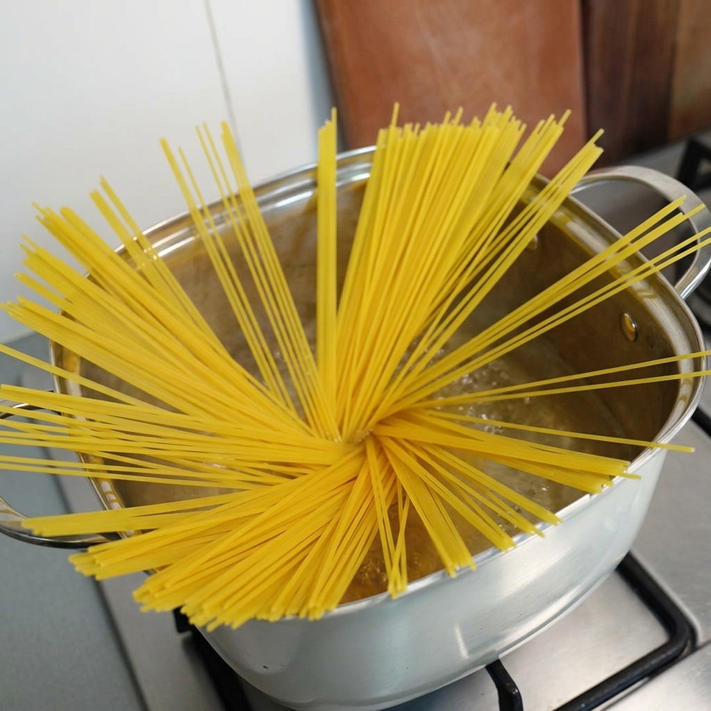 Spaghetti crudi aperti a ventaglio e immersi in una pentola di acqua bollente.