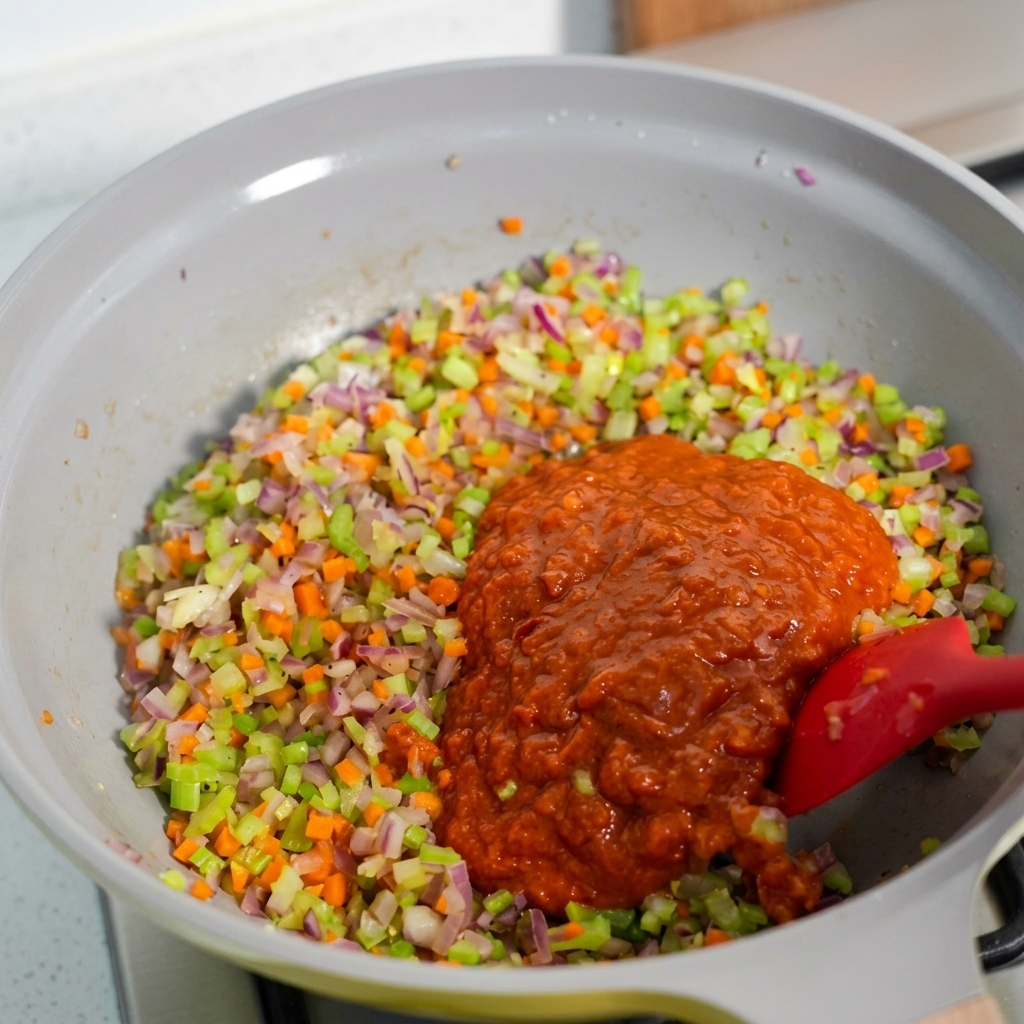 Passata di pomodoro versata in una padella con le verdure saltate.