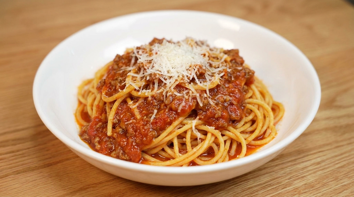 Un abbondante piatto di spaghetti condito con un ricco ragù di carne e Parmigiano appena grattugiato.