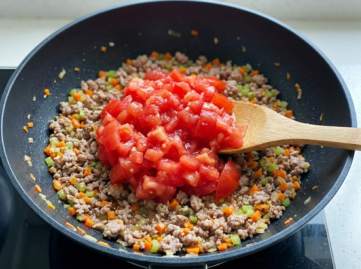Pomodori freschi a cubetti e un cucchiaio di concentrato di pomodoro aggiunti alla base di carne e verdure nel wok.