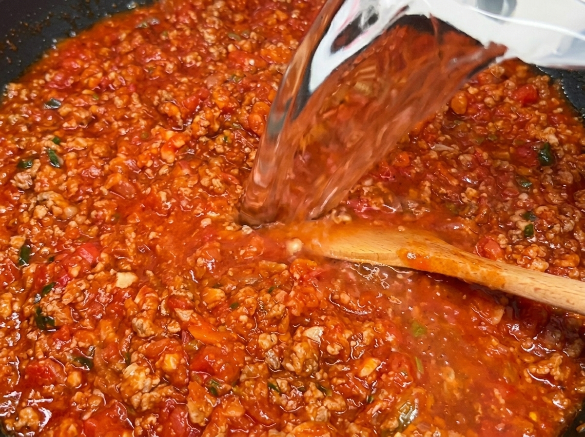 Acqua versata da un contenitore trasparente in una base di ragù densa e rossa in una grande padella.