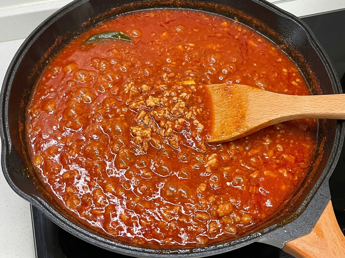 Ragù ricco in cottura mescolato con un cucchiaio di legno in una padella scura, mostrando una consistenza liscia e densa.