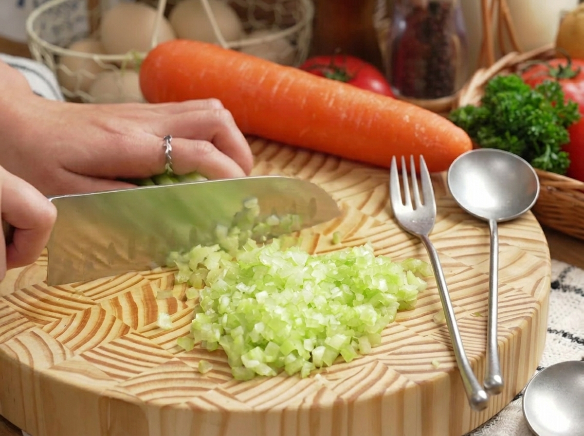 Mani che usano un coltello grande per tritare il sedano su un tagliere rotondo in legno.