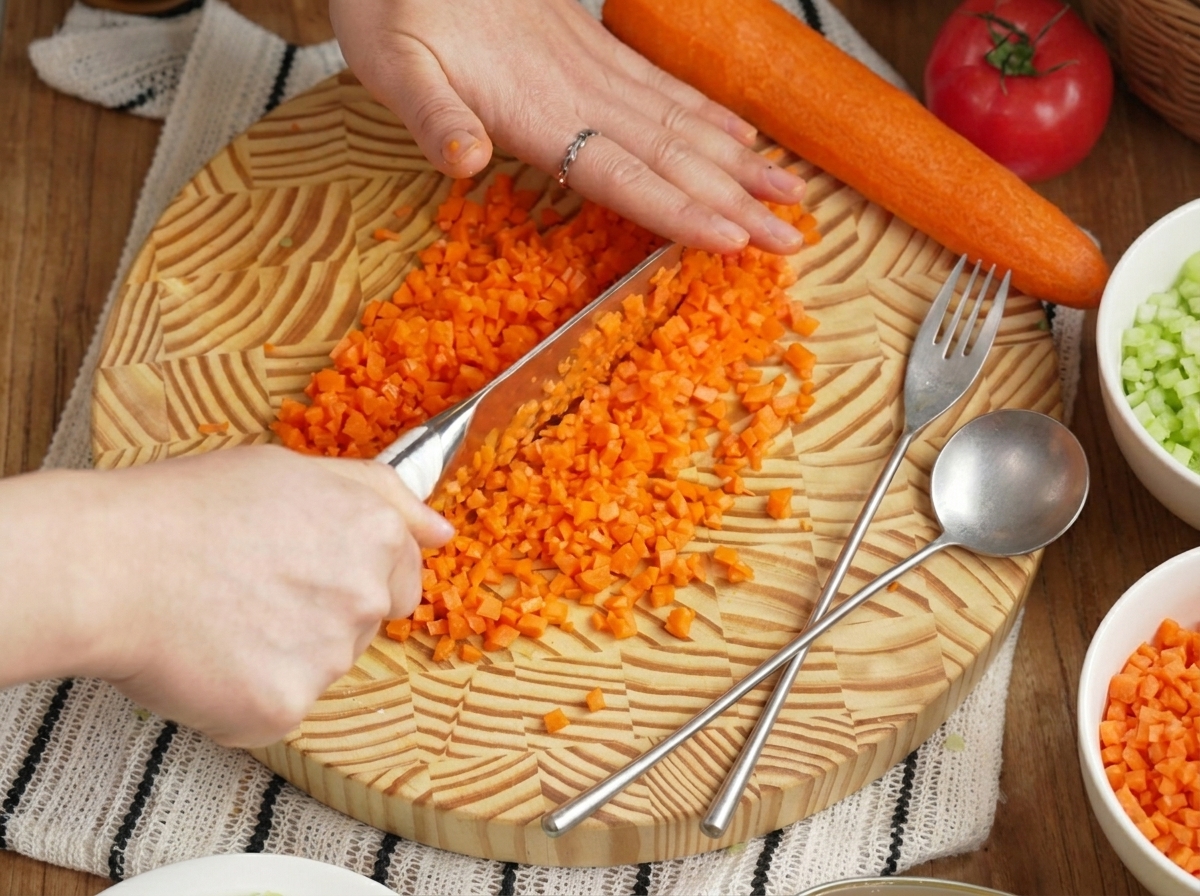 Mani che tagliano finemente carote arancioni su un tagliere in legno.
