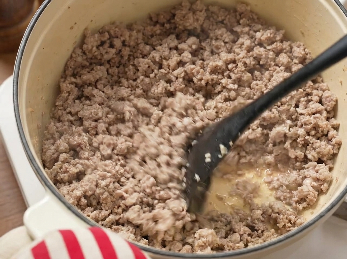 Salatura di un mix di macinato di maiale e manzo in pentola con una spatola nera.