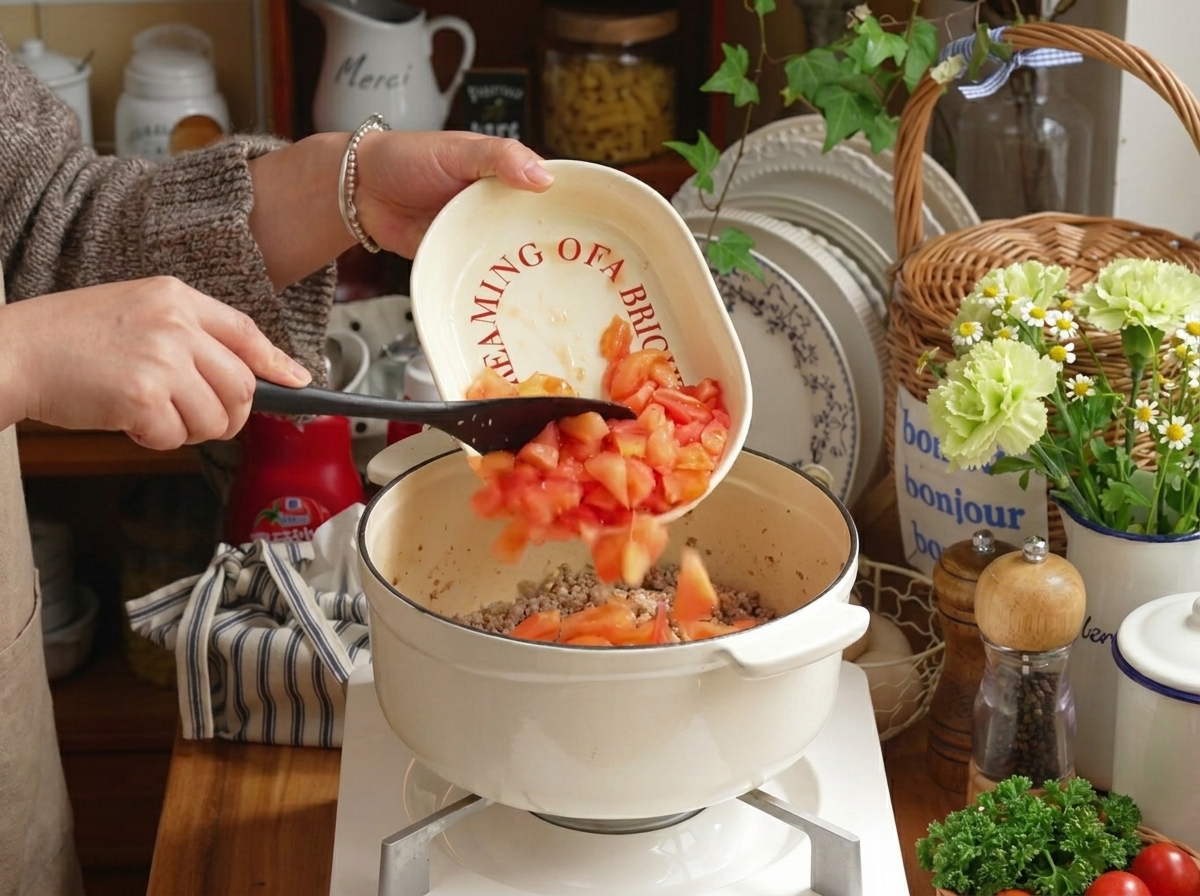 Pomodori freschi a cubetti aggiunti al composto di carne in pentola.