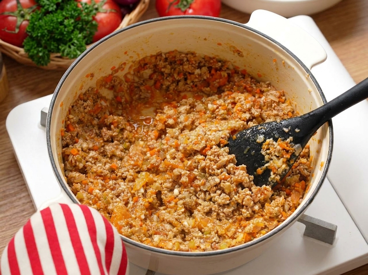 Un mix colorato di carne, carote, sedano e cipolle mescolato in una pentola.
