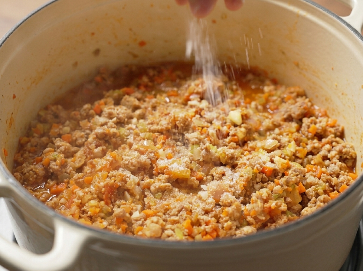 Sale versato sopra il composto di carne e verdure in pentola.
