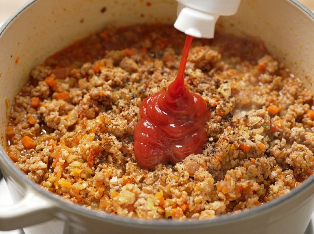 Ketchup aggiunto al ragù in pentola, con pepe nero già mescolato.