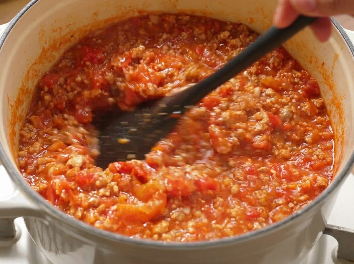 Spatola che mescola pomodori e verdure con il macinato in una pentola bianca.