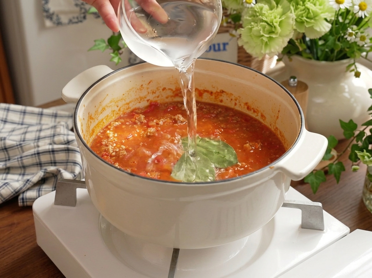 Acqua versata da una ciotola di vetro in una pentola con ragù e foglie di alloro.