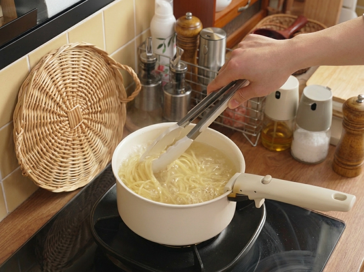 Pinze di metallo utilizzate per mescolare gli spaghetti in pentola.