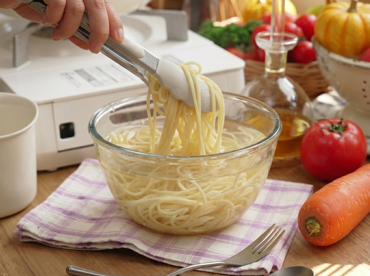 Spaghetti cotti trasferiti con le pinze da una pentola a una ciotola di acqua fredda.