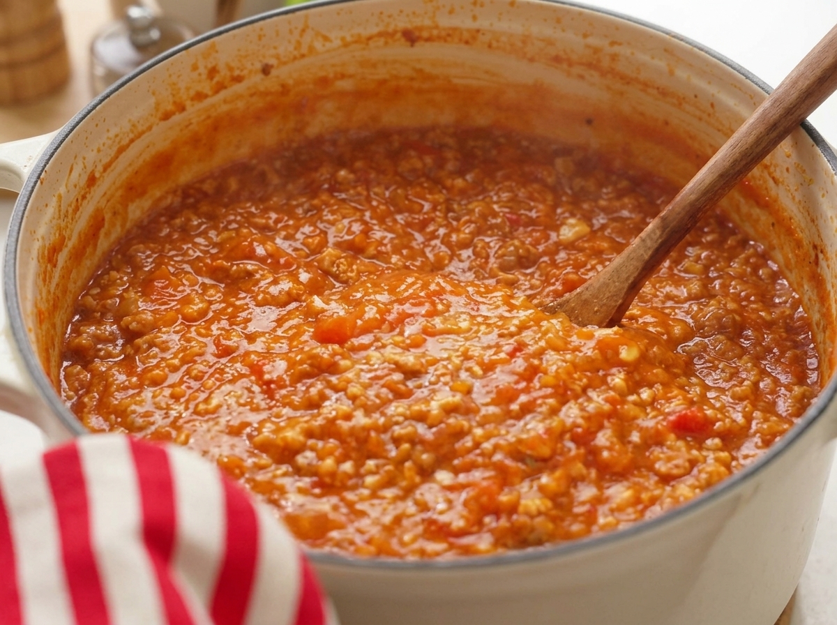Un ragù denso e dal colore intenso che sobbolle, mescolato con un cucchiaio di legno.