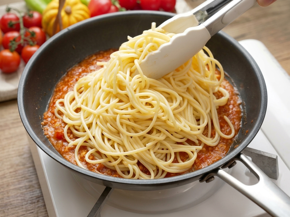 Pinze che mettono spaghetti cotti in una padella nera con ragù caldo.