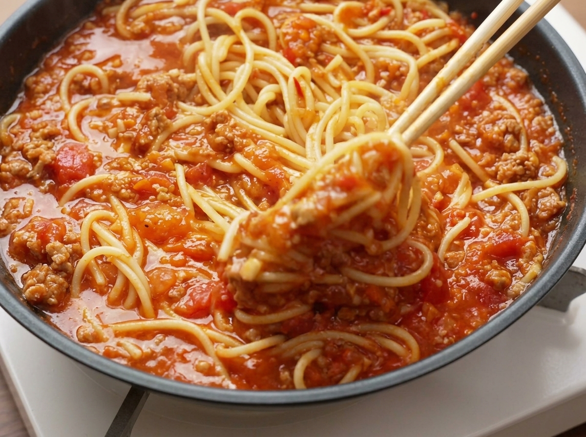 Spaghetti e sugo saltati insieme in padella usando bacchette di legno.