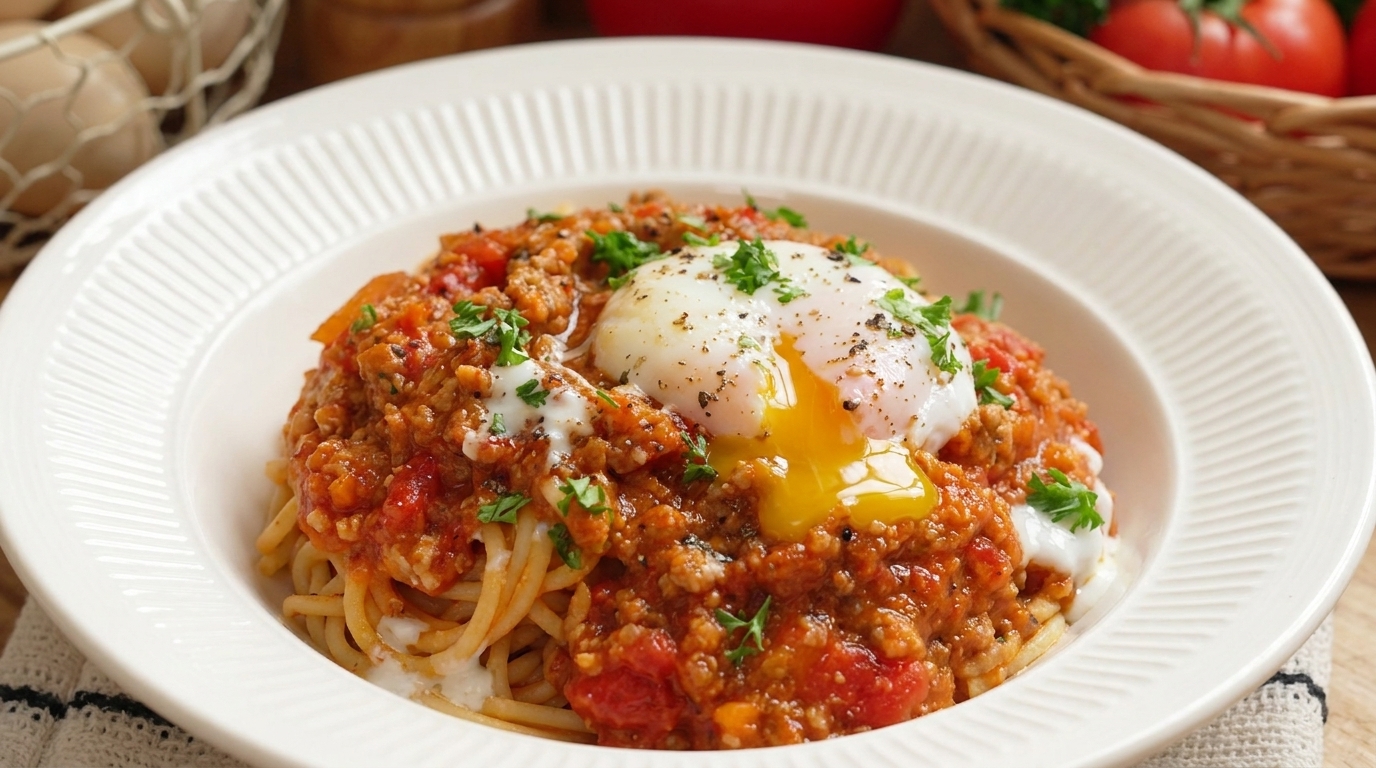 Pasta al Ragù di Carne con Uovo Onsen