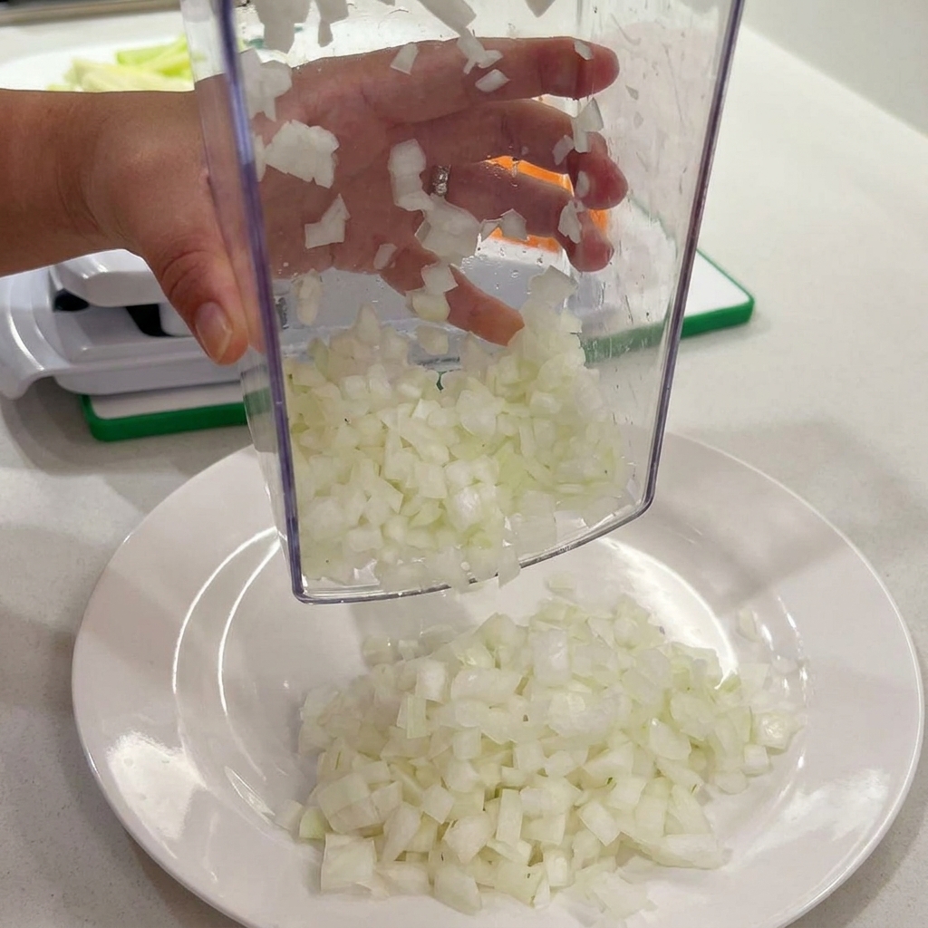 Una mano che usa un tritatutto in plastica per tagliare cipolle bianche su un piatto.