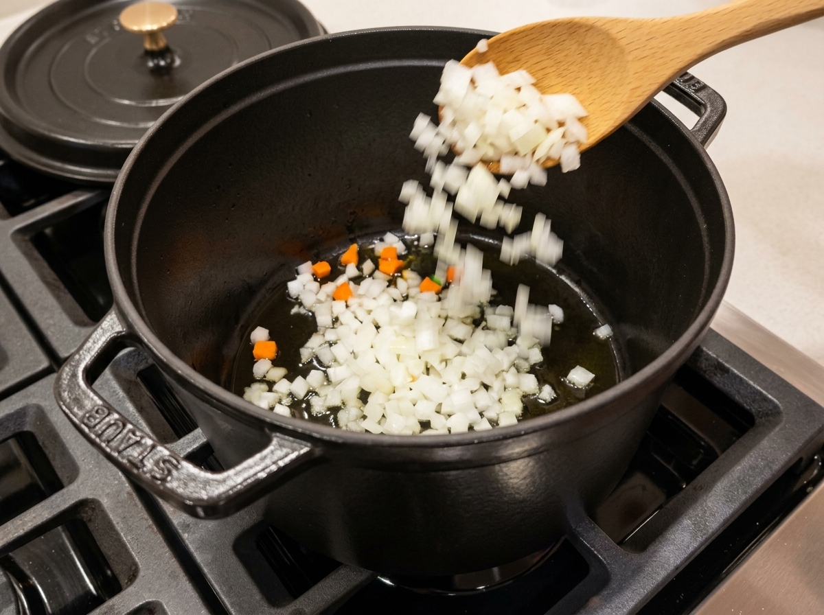 Cipolle a cubetti versate da un cucchiaio di legno in una pentola scura con olio caldo.