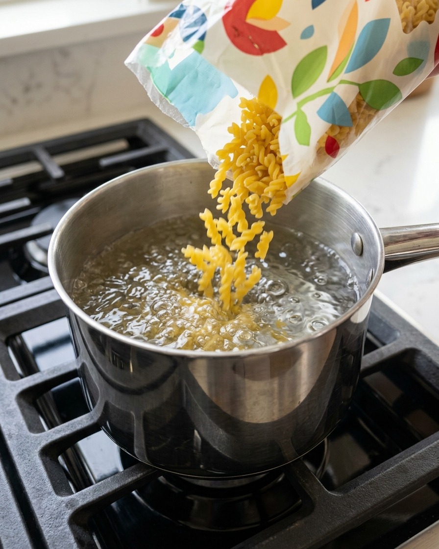 Tagliolini alluovo secchi versati da una busta in una pentola di acqua bollente sul fornello.
