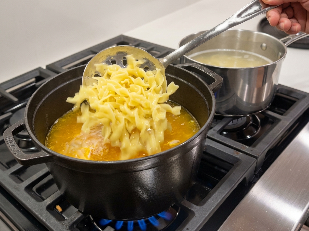 Tagliolini alluovo bolliti trasferiti con una schiumarola in una pentola di zuppa di pollo e verdure.