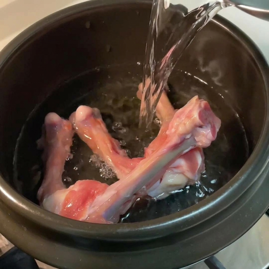 Acqua limpida versata in una pentola di pietra nera contenente ossa di pollo crude.
