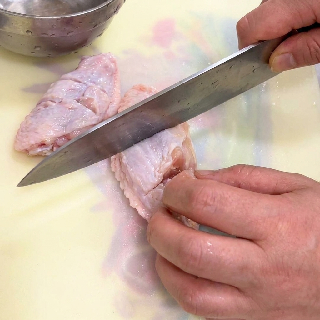 Primo piano di un coltello che incide la pelle delle ali di pollo crude su un tagliere.