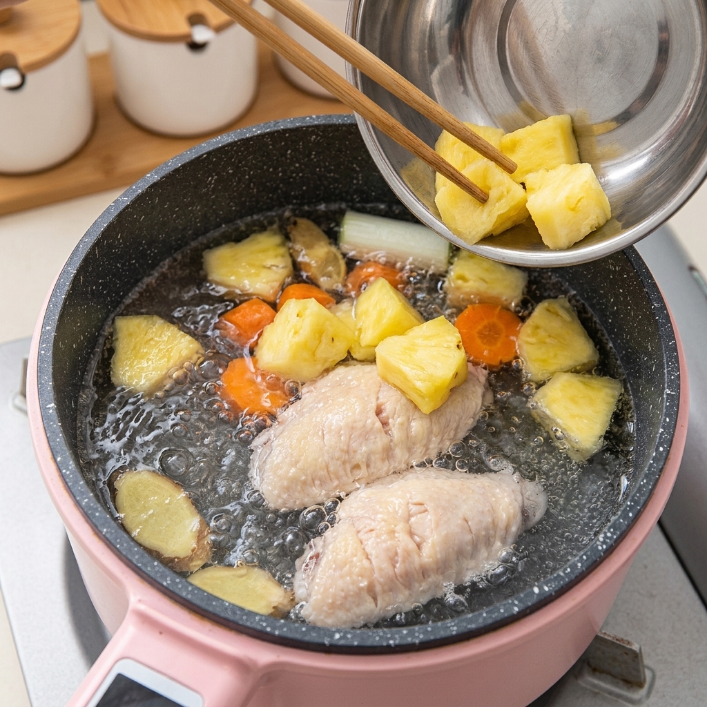 Cubetti di carote e patate aggiunti nella pentola con le ali di pollo e il brodo.