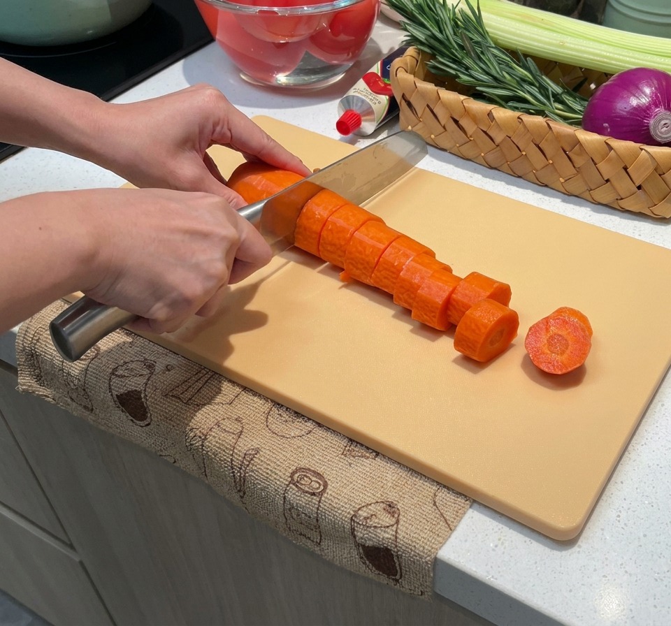 Una persona che affetta una carota fresca a rondelle su un tagliere.