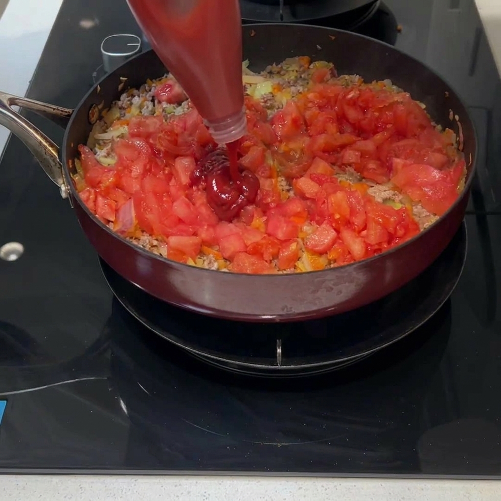 Concentrato di pomodoro rosso aggiunto in padella.