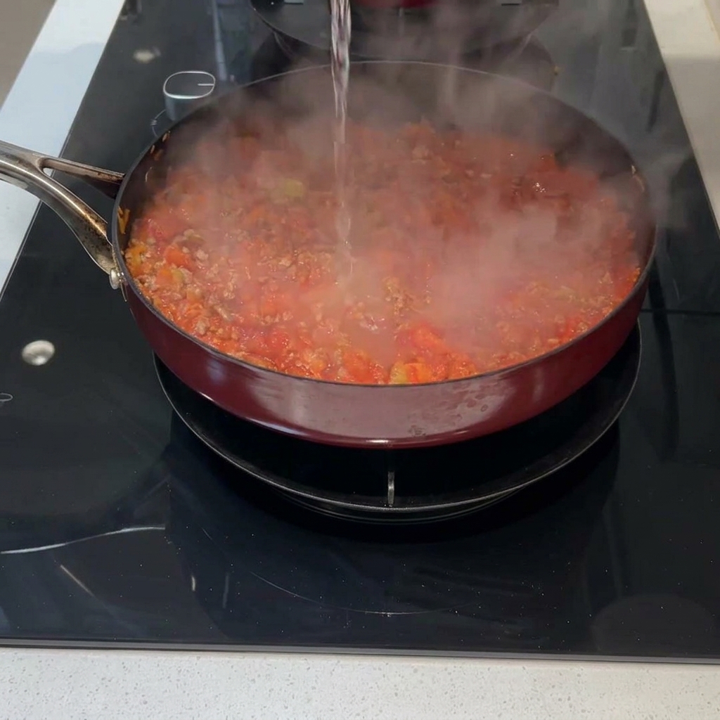 Acqua versata in padella per coprire gli ingredienti.